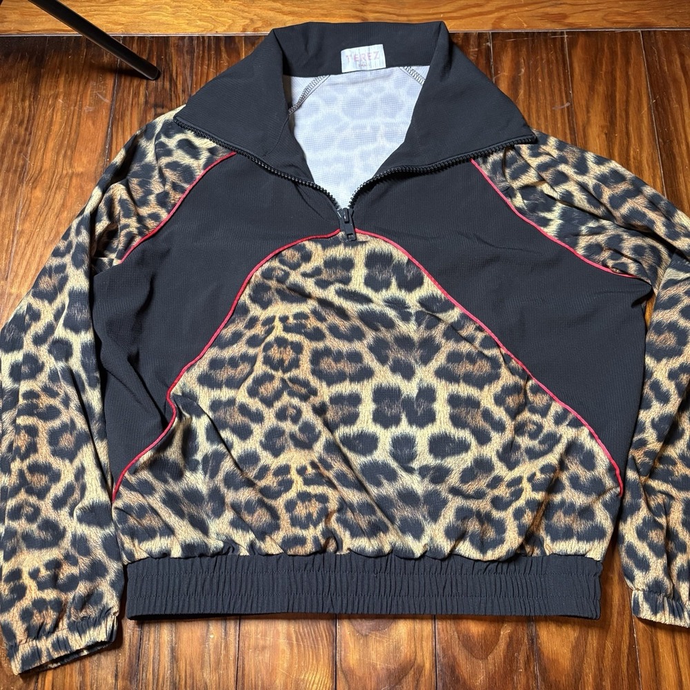 Terez Leopard Print Black Red Contrast Windbreaker 1/4 Zip Pullover Sz S A1749